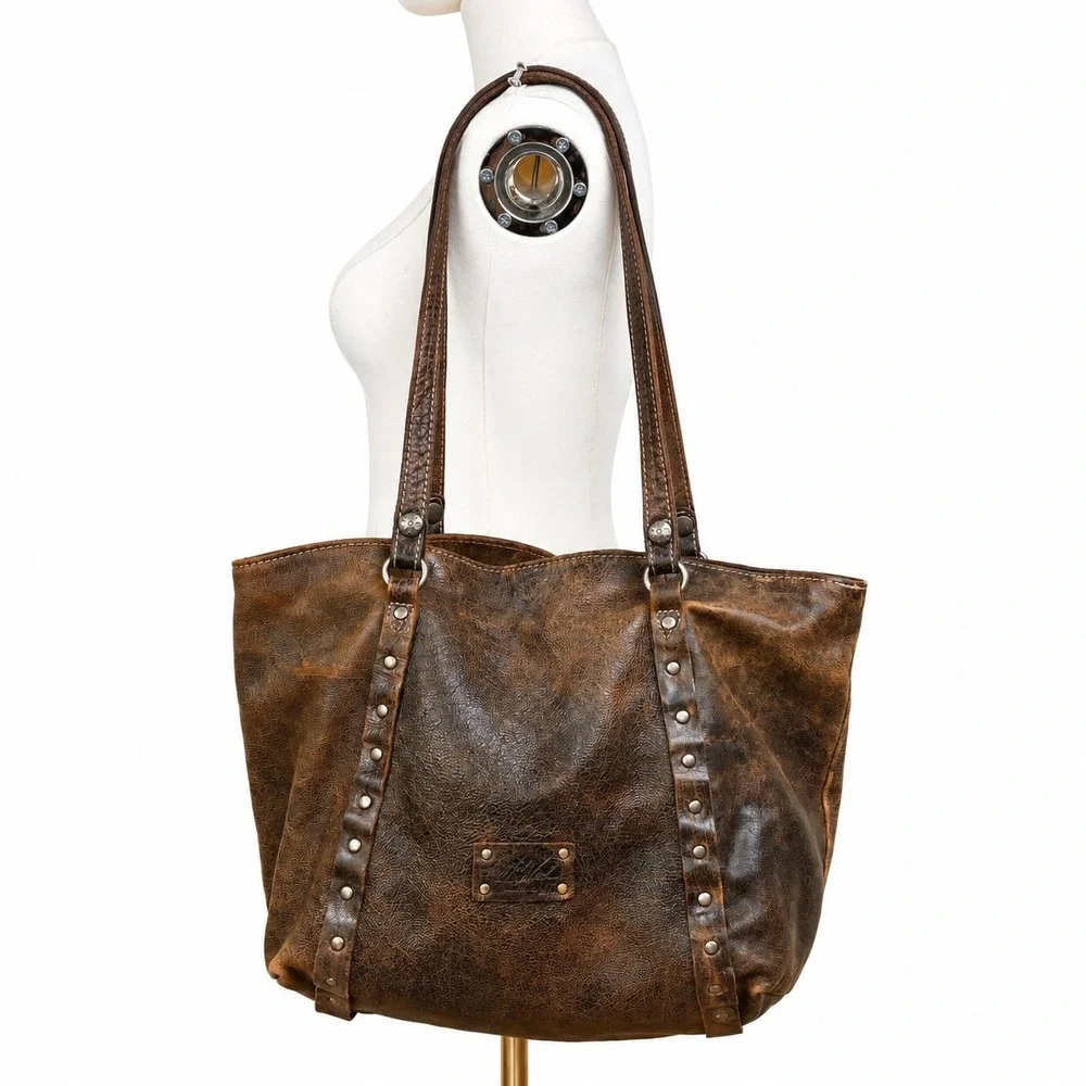 Patricia Nash Bag Italy Oversized Genuine Leather Brown Distressed Studded Boho
